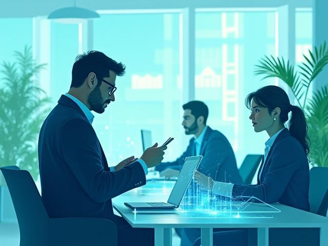 Ilustración moderna de profesionales financieros trabajando en equipo con gráficos y tecnología